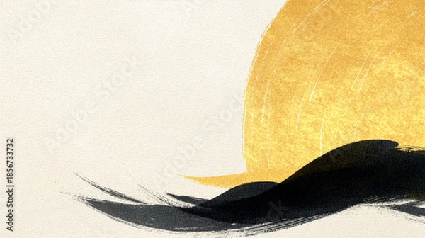 Obraz 金色の日の出と黒い筆跡が彩る和紙テクスチャの年賀状背景素材
