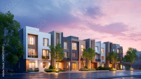 Obraz 現代的なタウンハウスと暖かな照明が美しい夕暮れ時の街並み