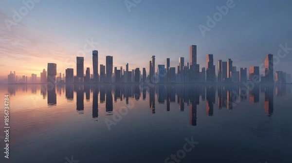 Fototapeta Vibrant City Skyline Reflecting on Calm Water During Golden Sunrise