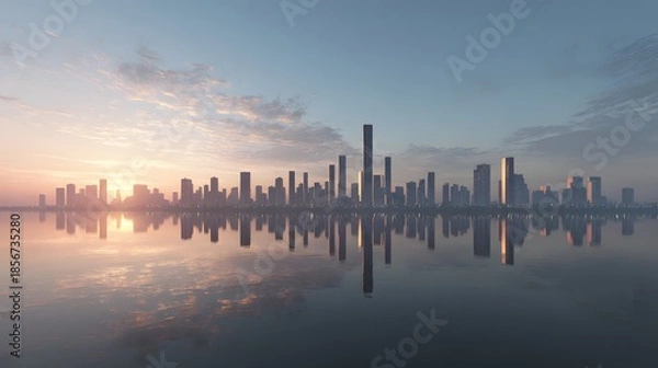 Obraz Vibrant City Skyline Reflecting on Calm Water During Golden Sunrise