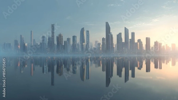 Fototapeta Vibrant City Skyline Reflecting on Calm Water During Golden Sunrise