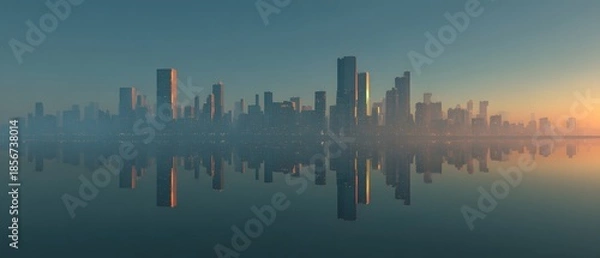Obraz Vibrant City Skyline Reflecting on Calm Water During Golden Sunrise