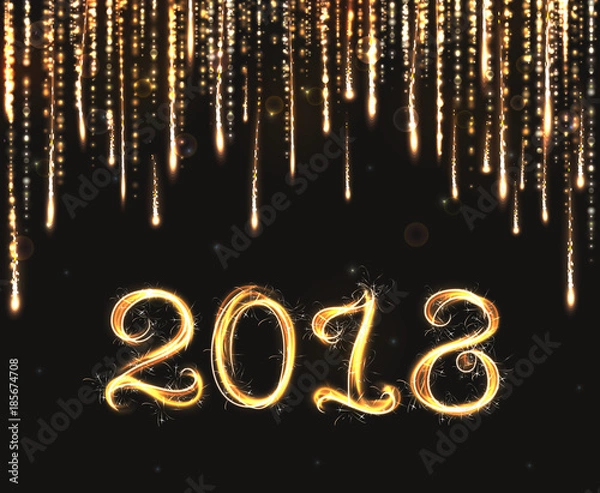 Fototapeta Vector golden 2018 text. Glowing background with fireworks and star rains. Abstract Shining Party Background. Flash Light for Christmas Design and New year's illustration. 
