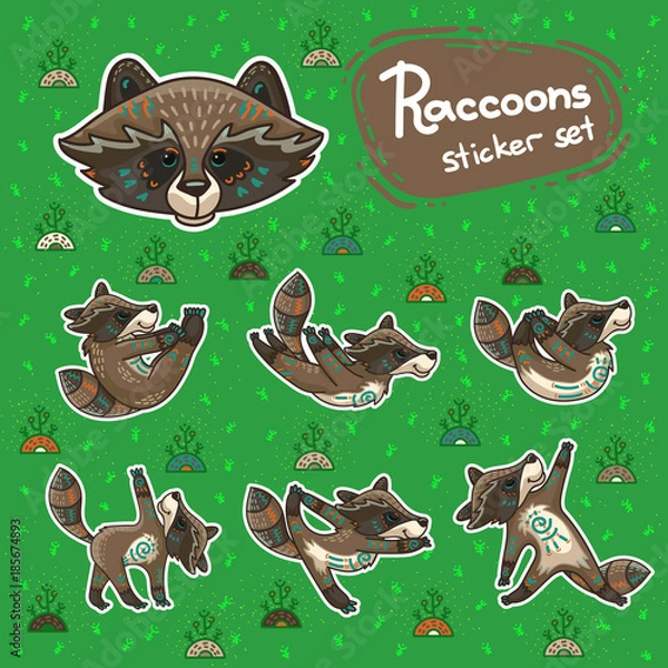Obraz Sickers with hand drawn tribal racoon doing yoga position.