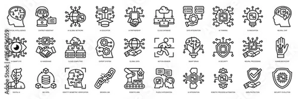 Obraz Future Technology icon collection line style. containing Artificial intelligence, Chatbot, Assistant, Global Network, AI Education, Partnership, Cloud Database