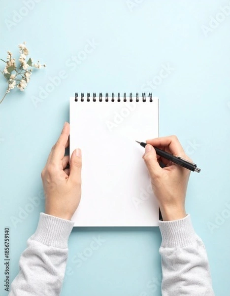 Obraz ペンを構える手元を捉えた縦型学習シーン 広い余白のある広告向け構図

書き始める直前の集中 ノートとペンの学習イメージ

学習の意思を表現するペンとノートの手元シーン 広告対応

清潔な机で描く学習準備の瞬間 ペンを構える手元構図