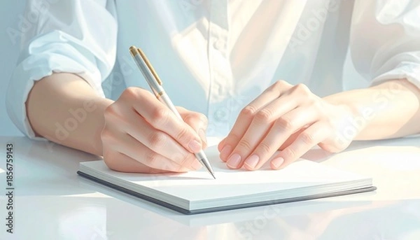 Obraz 白紙のノートの上でペンを構える手元を撮影。
書き始める直前の静かな期待感と前向きな気配を表現しています。
上部中央に大きな余白があり、広告コピーや動画字幕に最適。
教育、学習サービス、春のキャンペーン向け素材です。