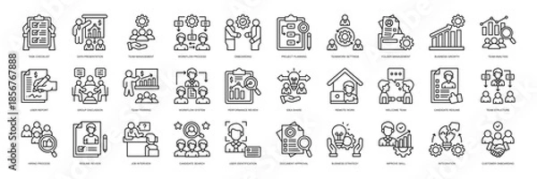 Obraz Onboarding icon collection line style. containing Task Checklist, Data Presentation, Team Management, Workflow Process, Onboarding, Project Planning, Teamwork