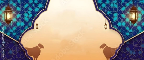 Obraz Eid Al Adha Banner Template Design with Islamic Pattern and Lanterns