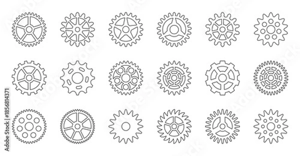 Obraz Gears Cogs Black Line Icon Set. Gearwheel Mechanical Engineering Technology Industrial Outline Metal Cogwheels for Factory Automation Projects. Machinery Manufacturing Elements. Vector Illustration
