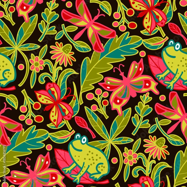 Obraz Seamless pattern with frogs, insects and flowers. Vector illustration.