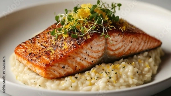 Fototapeta Seared Salmon & Risotto Plated Dish