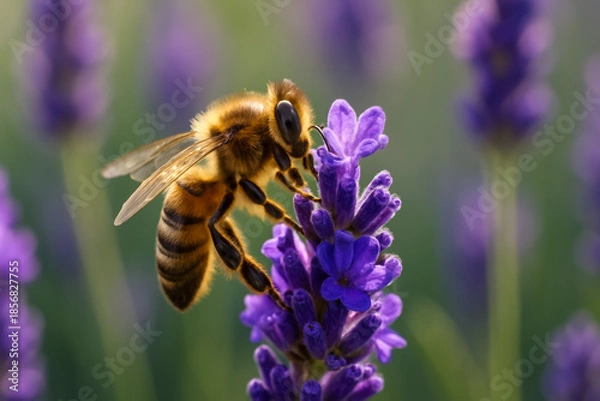 Fototapeta Close-up of a bee pollinating vibrant lavender flowers