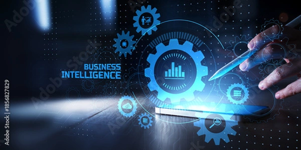 Obraz Business Intelligence and Data Visualization Interface with Digital Analytics on Touchscreen.