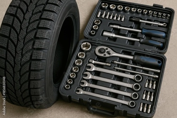 Obraz Automotive tire with socket wrench tool kit