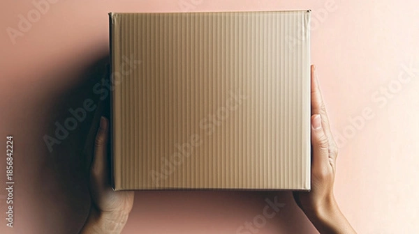 Obraz Eleganckie z motywem bambusa oraz minimalistyczny eko karton trzymany w dłoniach.