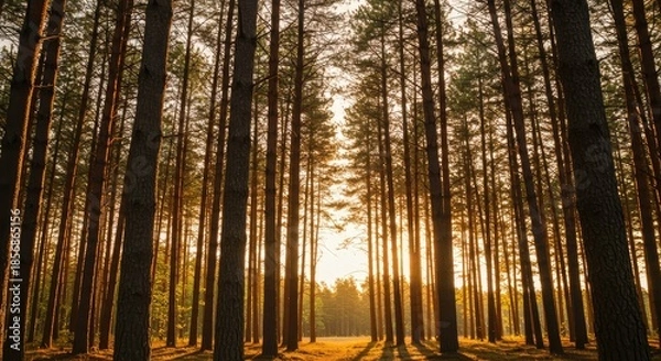 Obraz Sunlight filtering through a dense pine forest at sunrise