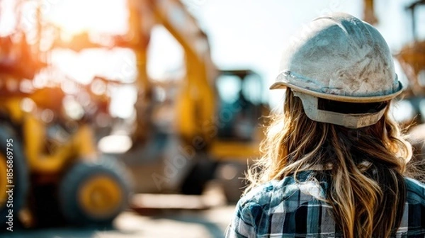 Obraz Female worker wearing protective headgear observes heavy machinery at a bright outdoor site