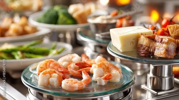 Obraz Assortment of appetizers and dipping ingredients arranged attractively on elevated serving dishes