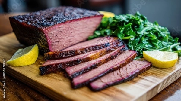 Obraz Sliced smoked meat with a dark crust rests beside fresh green vegetables and lemon wedges on a wooden board.