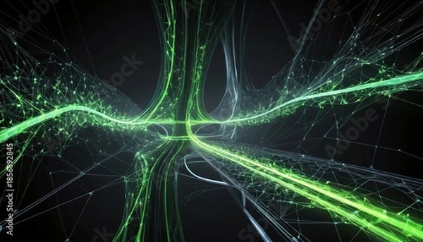 Obraz Abstract digital network with glowing green interconnected lines on a dark background, symbolizing data flow, technology, and connectivity