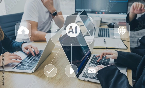 Fototapeta AIのビジネス活用とDX導入を進める企業のチームミーティング