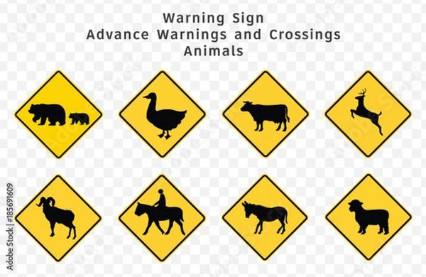 Fototapeta Road sign. Warning. Advance Warnings and Crossings. Animals.  Vector illustration on transparent background