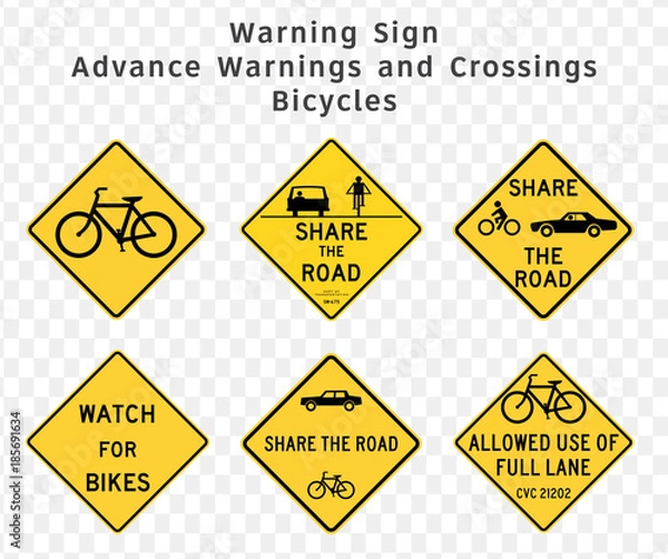 Fototapeta Road sign. Warning. Advance Warnings and Crossings. Bicycles.  Vector illustration on transparent background