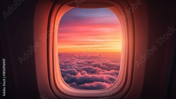 Obraz A vibrant sunset viewed through an airplane window, showcasing colorful clouds and a stunning sky.