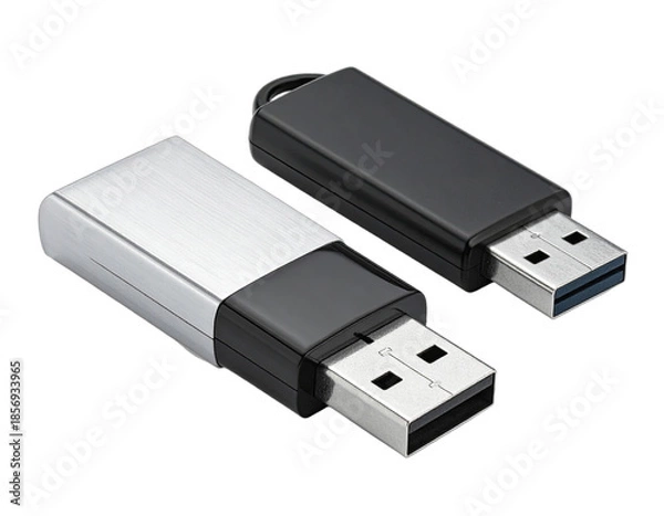 Fototapeta Two rectangular USB flash drives, one silver, one black, with metallic connector