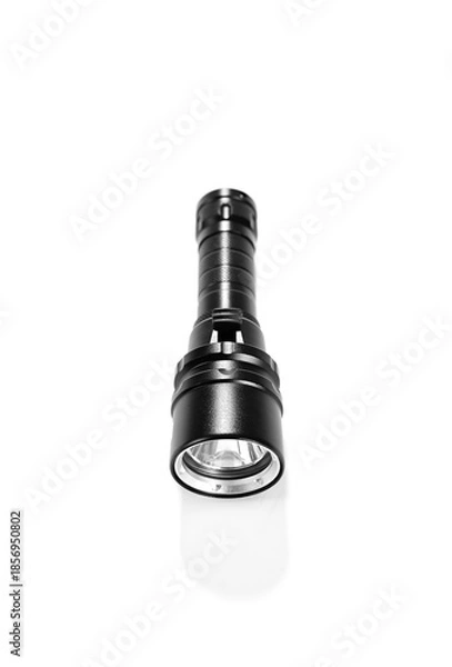 Fototapeta Waterproof black aluminum led flashlight isolated on white background    