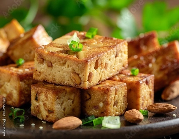 Fototapeta menu food photography, fried tofu and tempeh, close up angle, crispy texture, restaurant menu style
