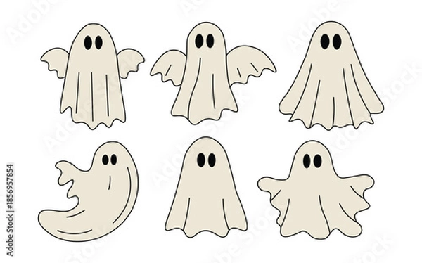 Obraz Cute Halloween Ghost Icons Set – Spooky Cartoon Ghost Characters Vector