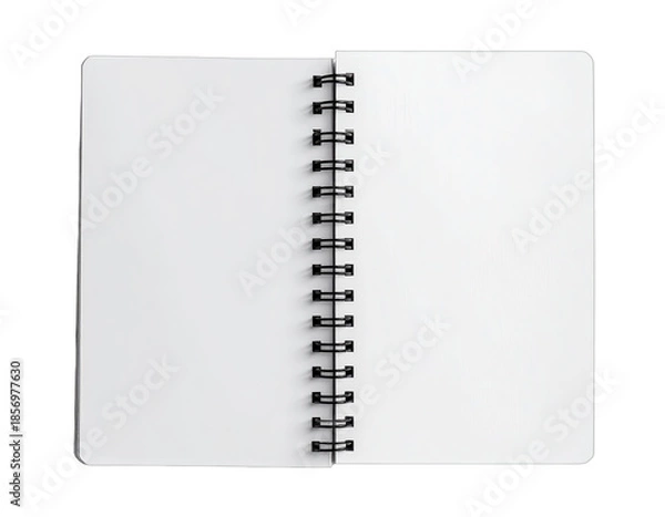 Fototapeta Open blank notebook with spiral binding on a solid black background, top view