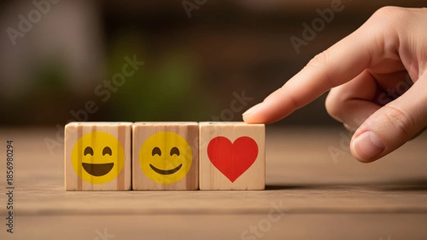 Obraz Hand adjusting wooden blocks with smiling emoji and heart symbol