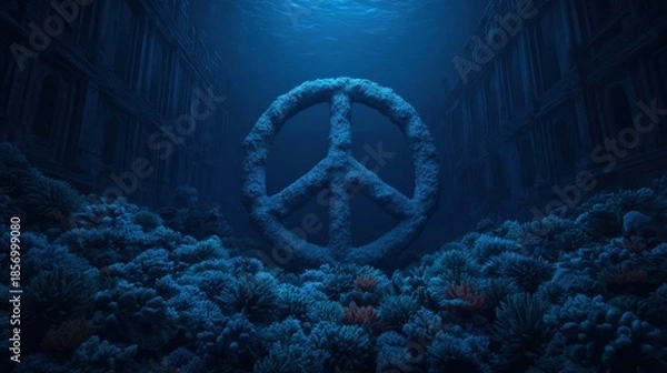 Obraz An underwater scene featuring a large peace symbol surrounded by coral, illuminated by soft blue light, conveying tranquility and harmony.