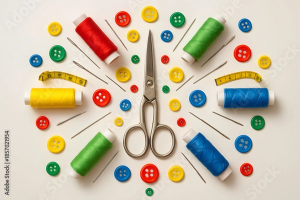 Obraz Artistic composition of thread spools, needles, and scissors.