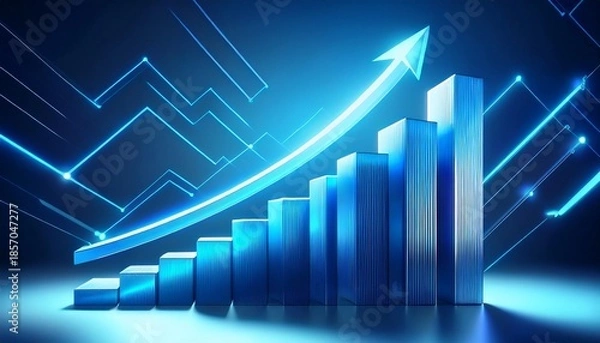 Obraz 3d rendered blue bar graph with upward trend