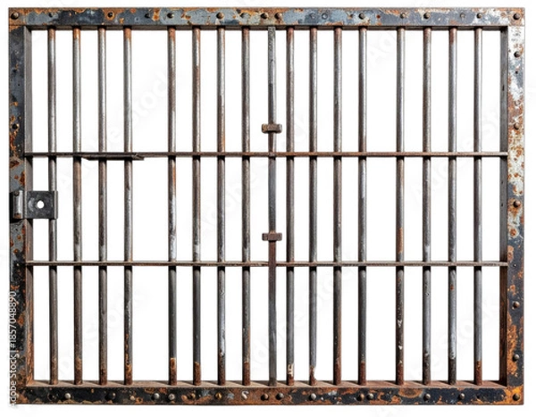Obraz A frontal view depicts a rusty rectangular prison gate against a black background