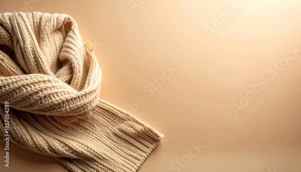 Obraz 温かみのあるマットなベージュ背景に、折りたたまれたニットマフラーを画面下部に配置した映像です。
柔らかな光が布の質感を自然に引き立て、穏やかで清潔感のある印象を与えます。