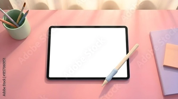 Obraz Tablet mockup with blank screen on a pink desk with colorful stationery paintbrushes and dramatic sun rays.