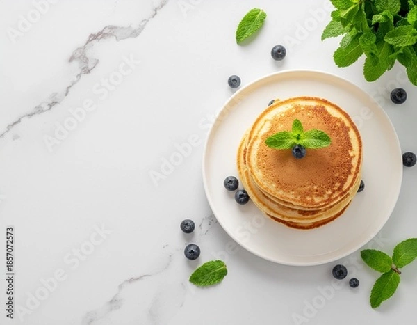 Fototapeta menu cafe photography, pancake stack, top view flat lay, minimal garnish, professional cafe menu image