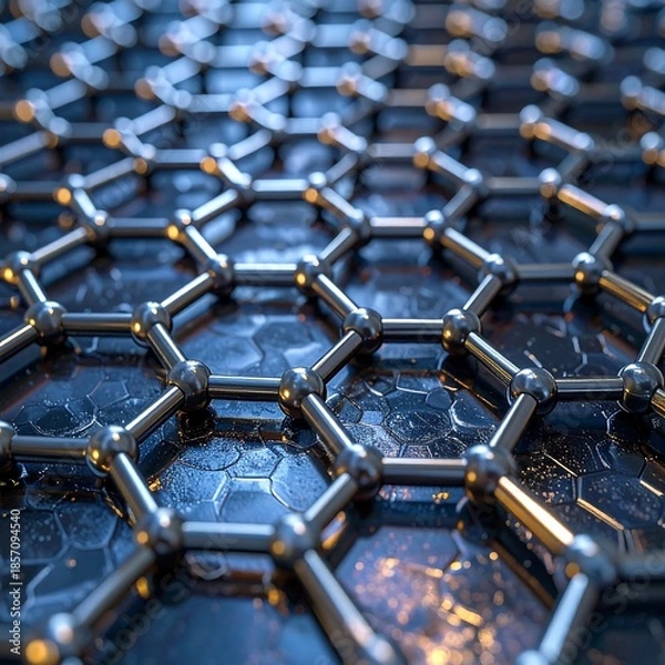 Obraz A molecular structure with interconnected silver nodes on a textured, dark hexagonal background, glowing with light