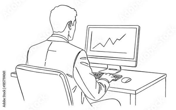 Obraz パソコン作業をするビジネスマンの後ろ姿の線画｜仕事と成果のイメージ
