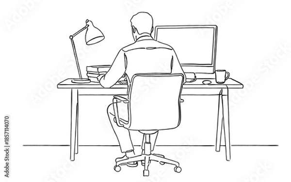 Obraz デスクで作業するビジネスマンの後ろ姿の線画｜仕事と日常のコンセプト