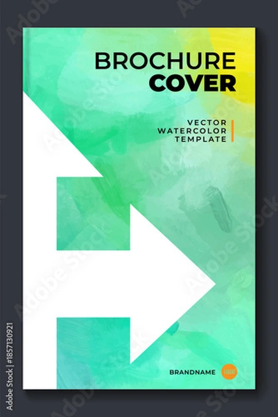Obraz Watercolor green A4 booklet colorful cover layout template with white arrows