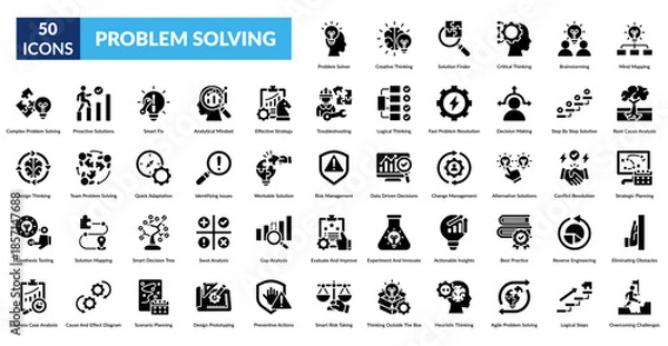 Obraz Problem Solving Glyph Icon Set. Problem Solver, Creative Thinking, Solution Finder, Critical Thinking, Brainstorming, Mind Mapping, Root Cause