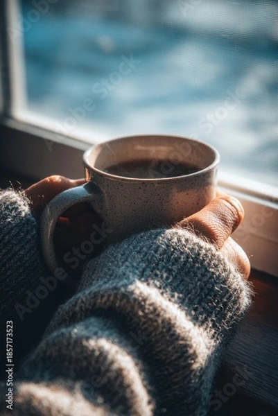 Obraz Hands holding warm beverage by window