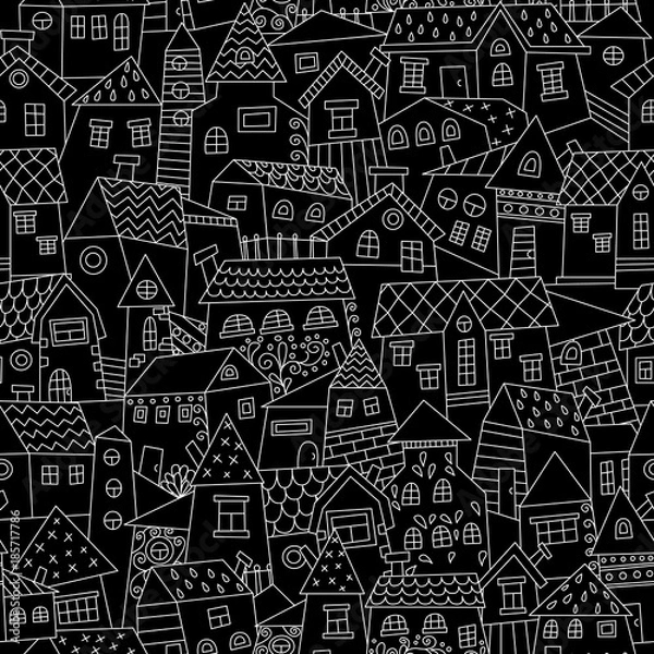 Obraz Doodle hand drawn town seamless pattern. Endless texture for wallpaper, fill,  web page background, surface texture.