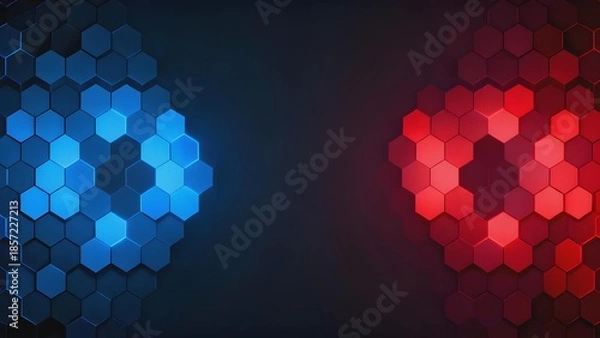 Obraz Abstract hexagonal pattern with blue and red glowing circles on a dark background